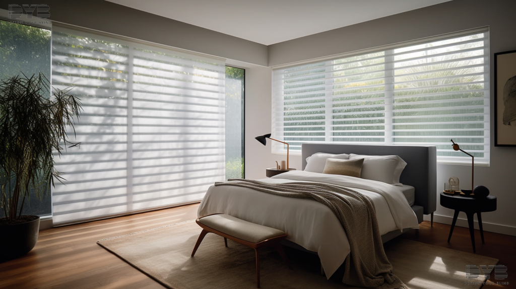 A guest bedroom in Boca Raton, Florida, with Hunter Douglas Pirouette Shades partially closed, overlooking a tranquil garden.