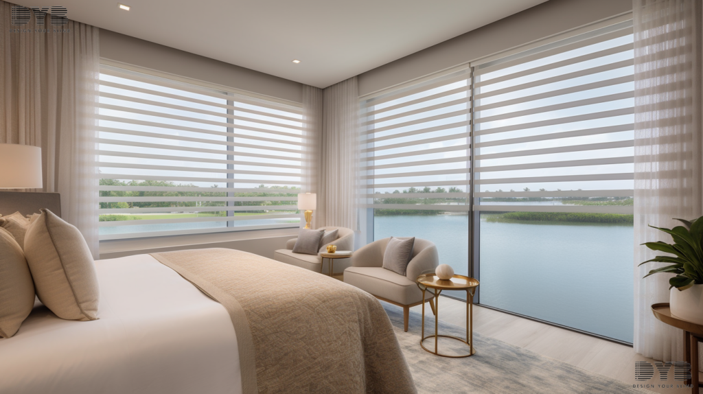 A guest bedroom in Boca Raton, Florida, with Zebra Shades partially closed, offering a view of the Intercoastal Waterway.