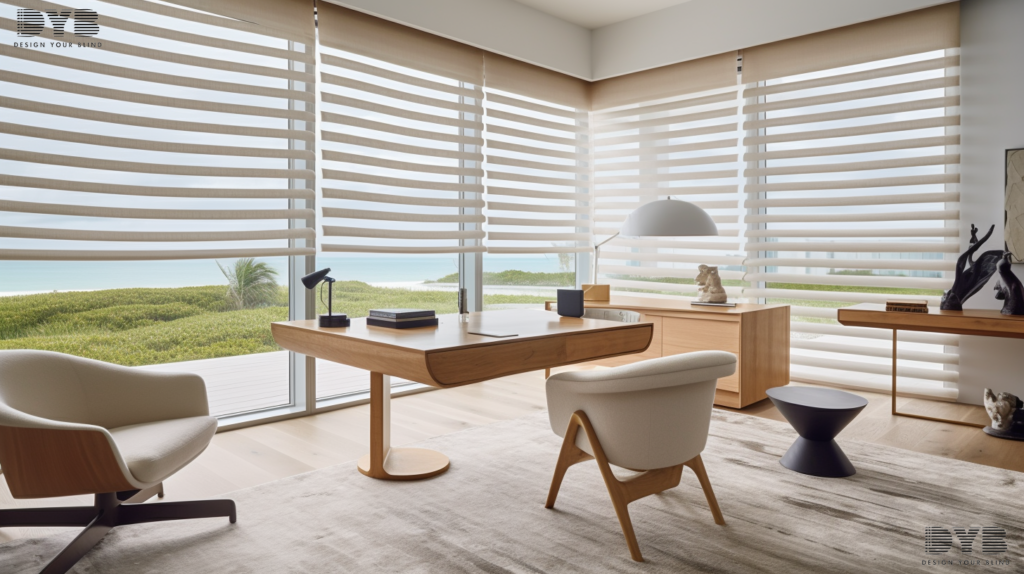 A modern home office with Hunter Douglas Pirouette Shades in Boca Raton, Florida