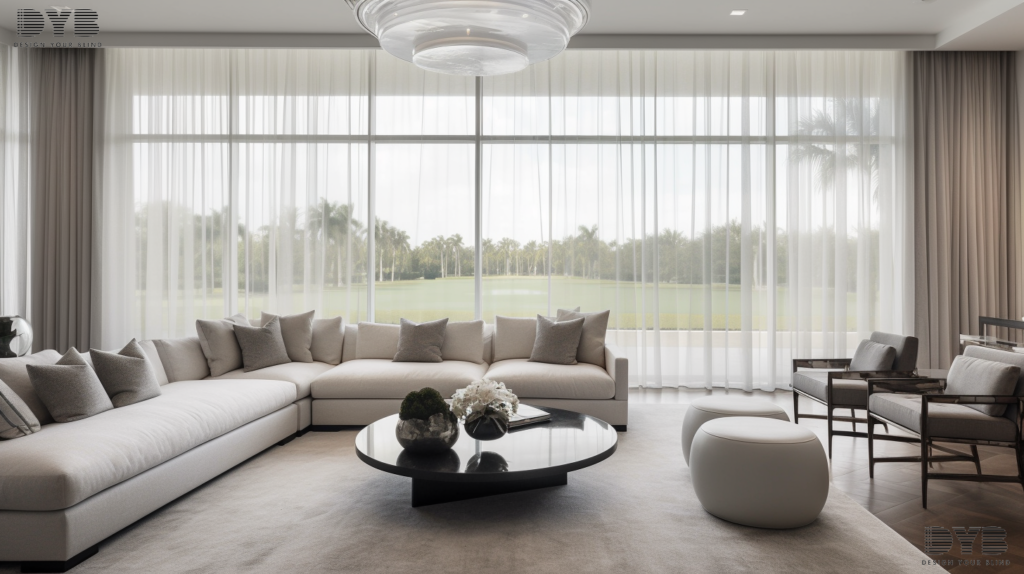 A living room with Sheer Curtains in Boca Raton, Florida