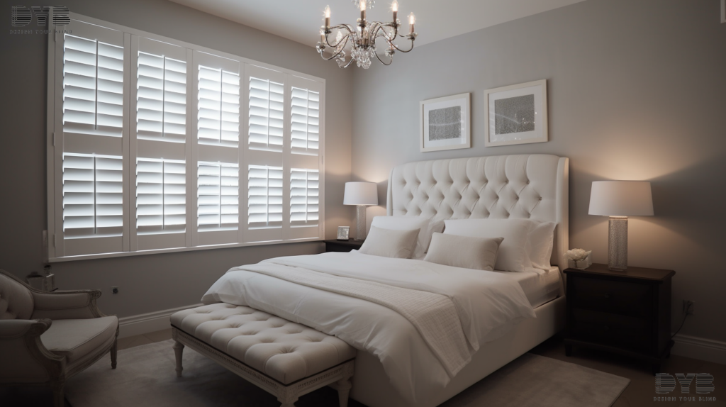 A coastal bedroom in Boca Raton, Florida, with white Plantation Shutters partially open, showcasing a comfortable bed with a white duvet and a view of the backyard.
