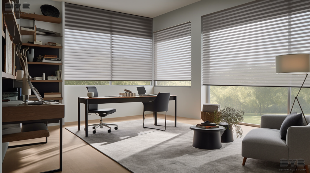 A minimalist home office with Solar Roller Shades and a view of a backyard with a pool in Boynton Beach, FL.