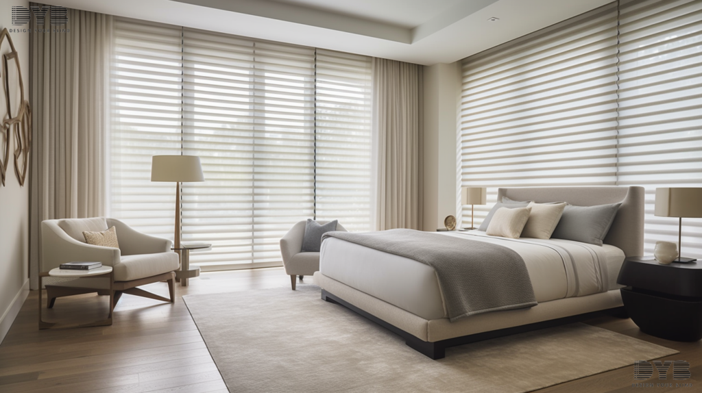 A minimalist master bedroom with Pirouette Shades overlooking a lush garden in Boynton Beach, FL.