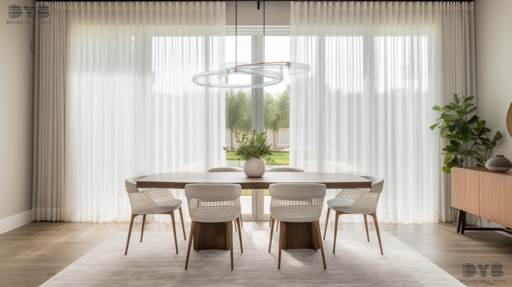 Sheer Curtains in a Farmhouse Modern dining room in Boca Raton
