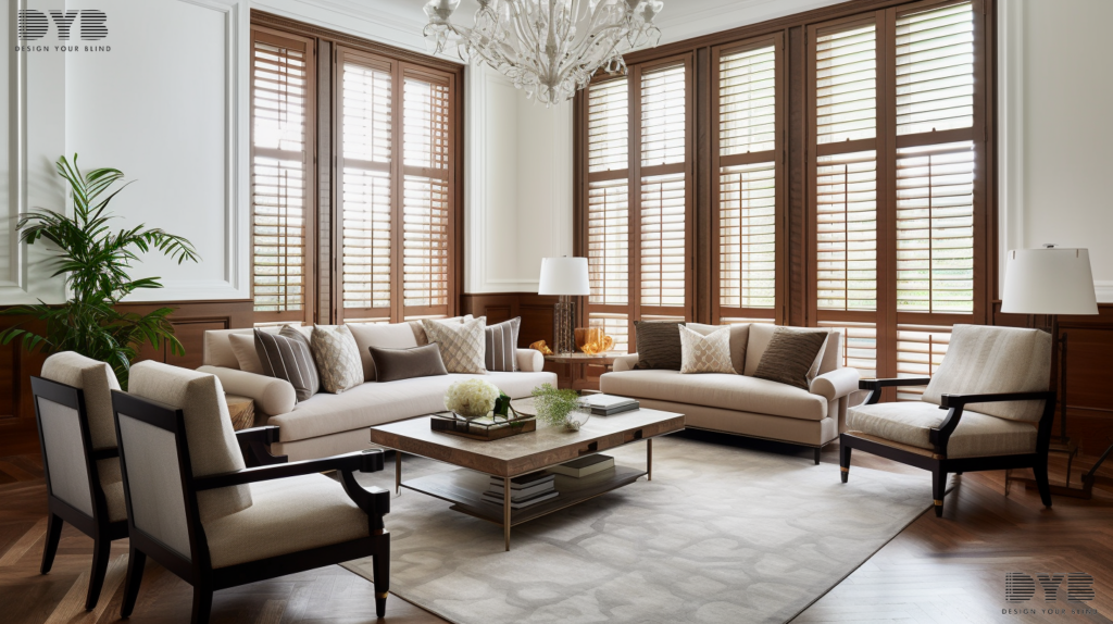 A transitional formal living room with Plantation Shutters and a view of a lake in Boynton Beach, FL.