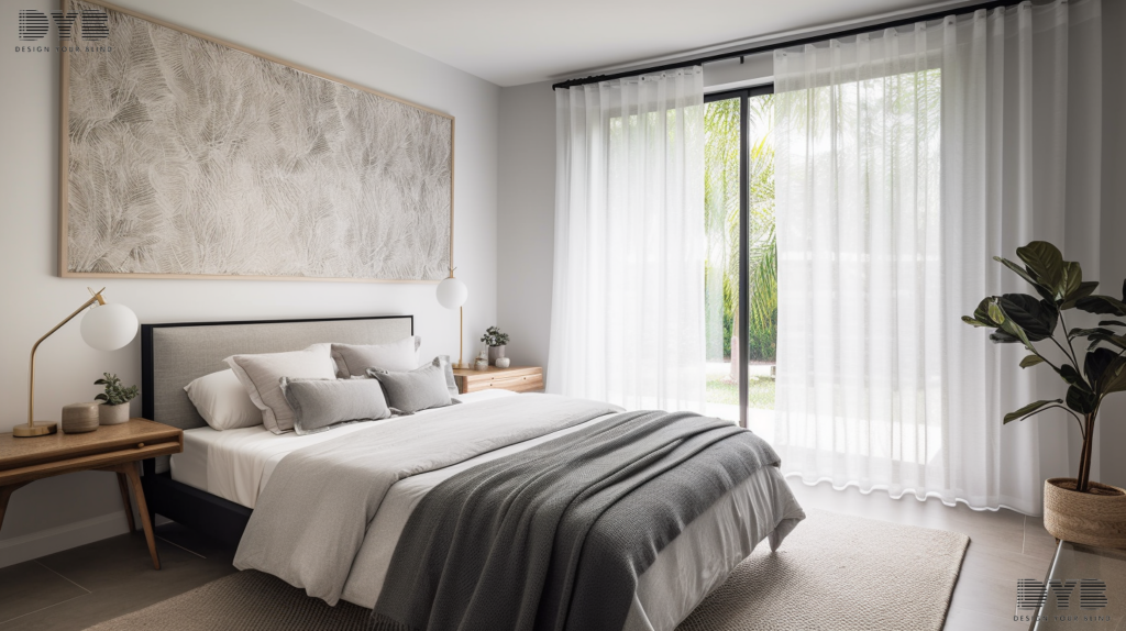 A guest bedroom in Lighthouse Point, Florida, with sheer curtains, a bed, and a golf course view