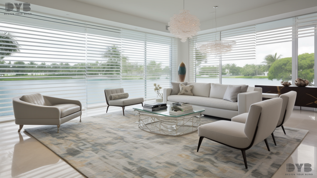 A contemporary living room in Lighthouse Point, FL, showcasing Pirouette Shades on large windows overlooking a lake.