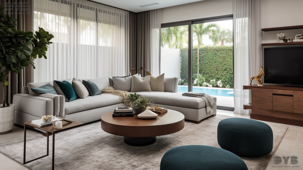 A modern family room in Lighthouse Point, FL, showcasing sheer curtains on large windows overlooking a backyard with a pool.