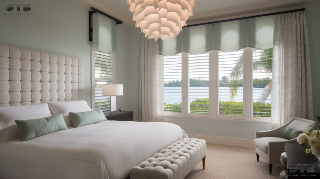Guest bedroom in West Palm Beach, Florida, with Williams Sonoma furniture, featuring a lake view and Solar Shades.