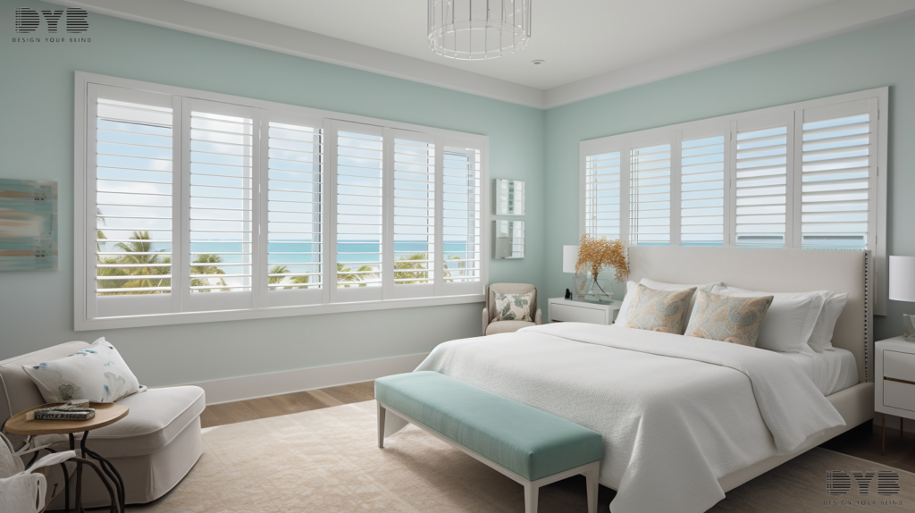Guest bedroom in West Palm Beach, Florida, with Crate & Barrel furniture, featuring Ocean Views and Solar Shades.