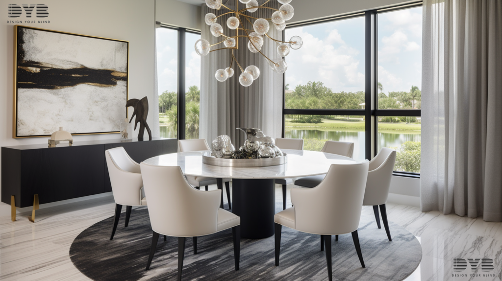 A contemporary dining room in Lighthouse Point, FL, showcasing sheer curtains on large windows overlooking a golf course.