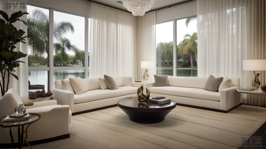 A formal living room in Lighthouse Point, Florida, with sheer curtains, a white sofa, and a canal view
