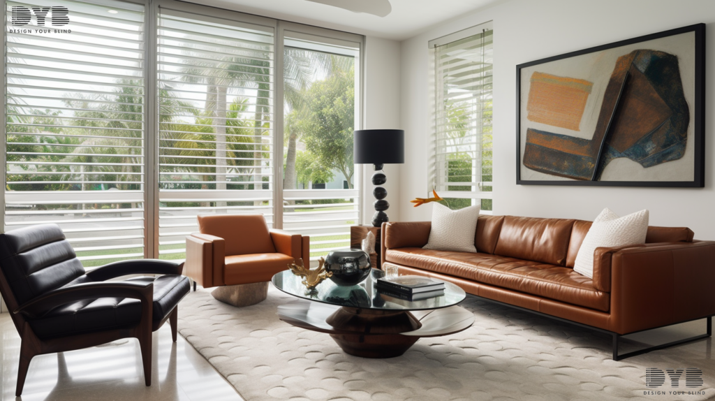 A modern living room in Lighthouse Point, FL, featuring Plantation Shutters on large windows overlooking a canal.