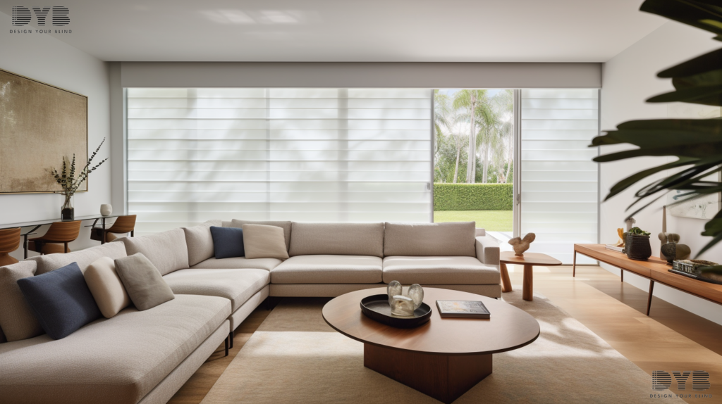 Family room in West Palm Beach, Florida, featuring Mitchell Gold + Bob Williams furniture and Solar Shades.