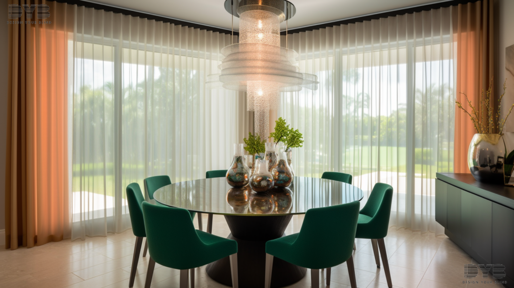A modern dining room in Lighthouse Point, Florida, with sheer curtains, a dining table, and a garden view