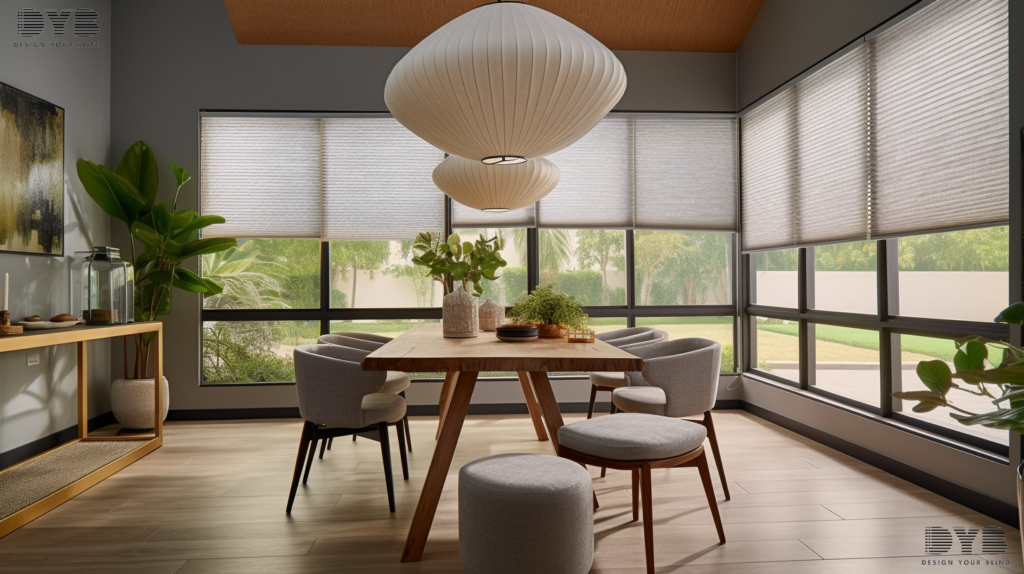 An urban modern dining room in Lighthouse Point, FL, showcasing Honeycomb Shades on large windows overlooking a backyard with a pool.