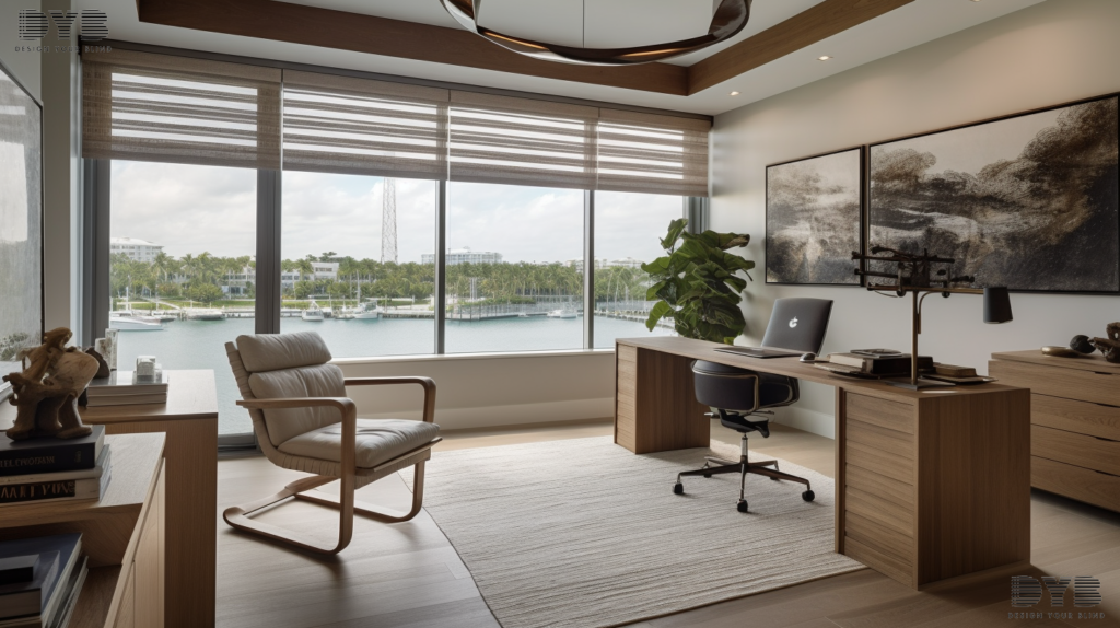 A spacious home office with Woven Wood Shades, showcasing a modern design with a panoramic view of the Intercoastal Waterway.