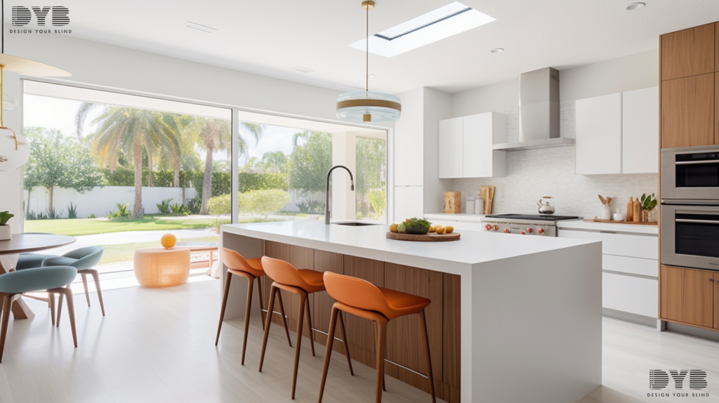 A minimalist kitchen showcasing a birds-eye view with Roman Shades with floral fabric, adding a touch of elegance and natural light.