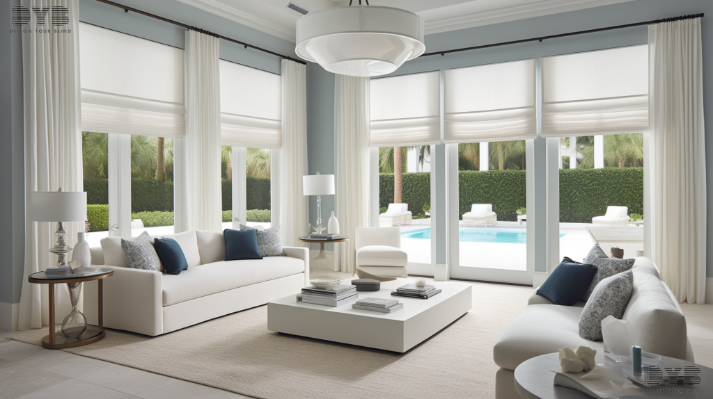 A West Palm Beach family room with a view of a pool and Blackout Roller Shades.