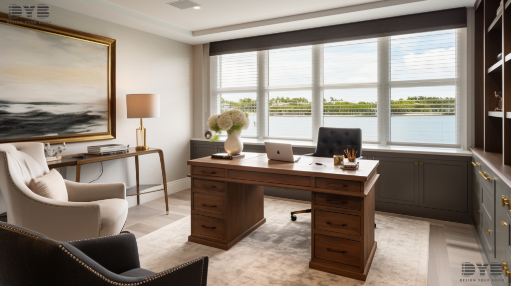 A home office featuring Pirouette Shades, offering a stylish and functional design with a coastal ambiance.