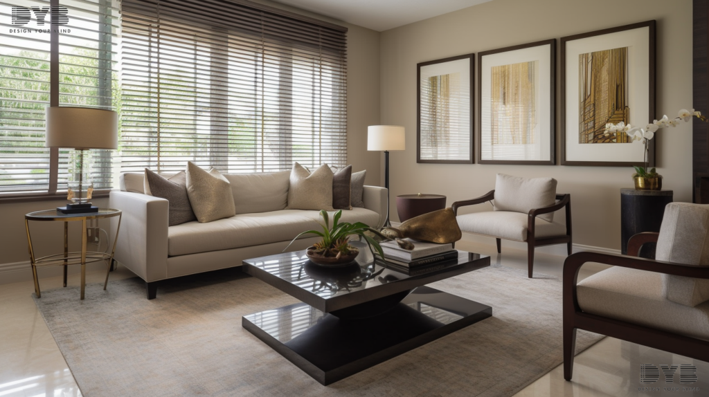 A formal living room with Woven Wood Shades, showcasing a contemporary design with a relaxed atmosphere and warm natural light.