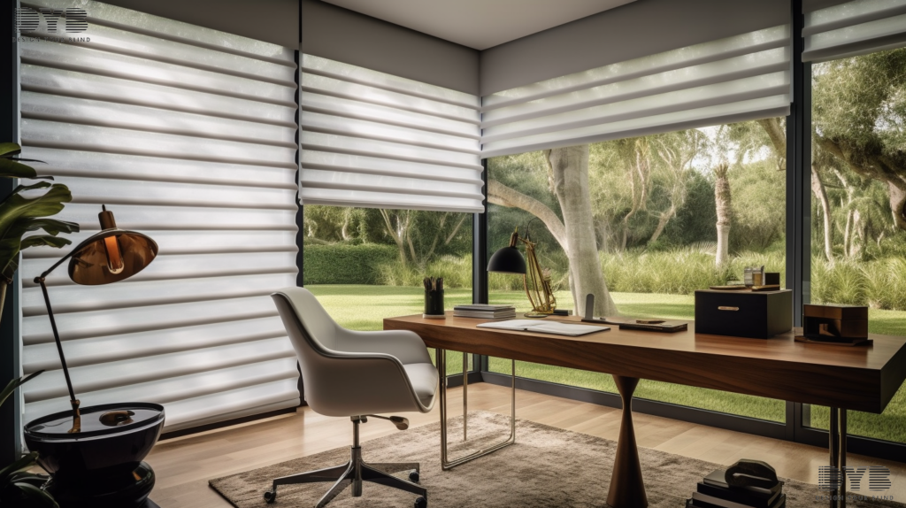 A home office with Roman Shades with abstract fabric, showcasing a minimalist design with a view of a lush garden.