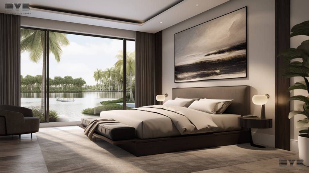 A bedroom in Palm Beach Gardens, FL, with a minimalist interior design style featuring a king-sized bed, sleek nightstands, a modern lamp, and blackout Roman Shades with Floral fabric.