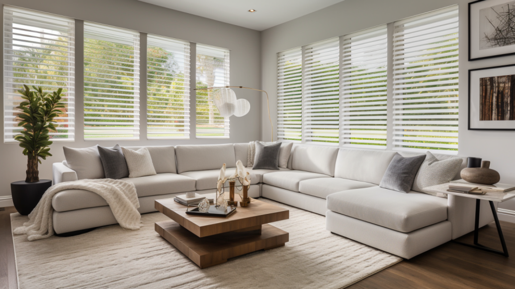 A living room in Palm Beach Gardens, FL, with a farmhouse modern interior design style featuring a plush white sectional sofa, a large, distressed coffee table, and a large window with Roman Shades with Contemporary fabric, fully closed.