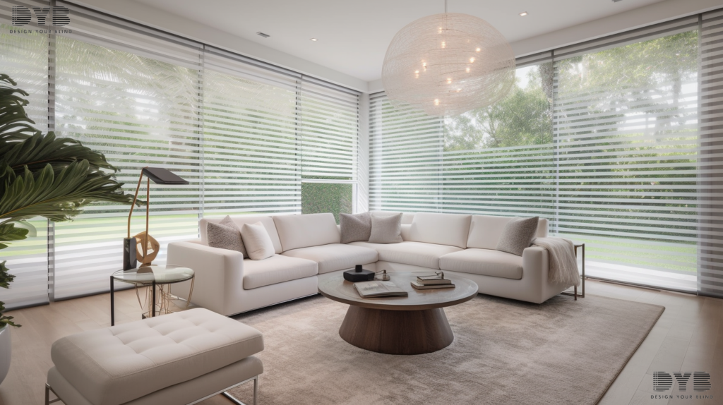 A living room in Palm Beach Gardens, FL, with a minimalist interior design style featuring a plush white sectional sofa, a sleek glass coffee table, a modern sculpture, and Roman Shades with Botanical fabric.