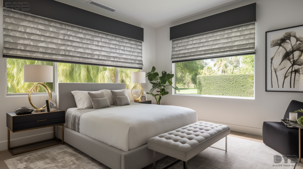A guest bedroom in Palm Beach Gardens, FL, with Roman Shades with Damask fabric, featuring a modern interior design style with a king-sized bed, sleek nightstands, and a modern lamp. The window overlooks a tranquil backyard.