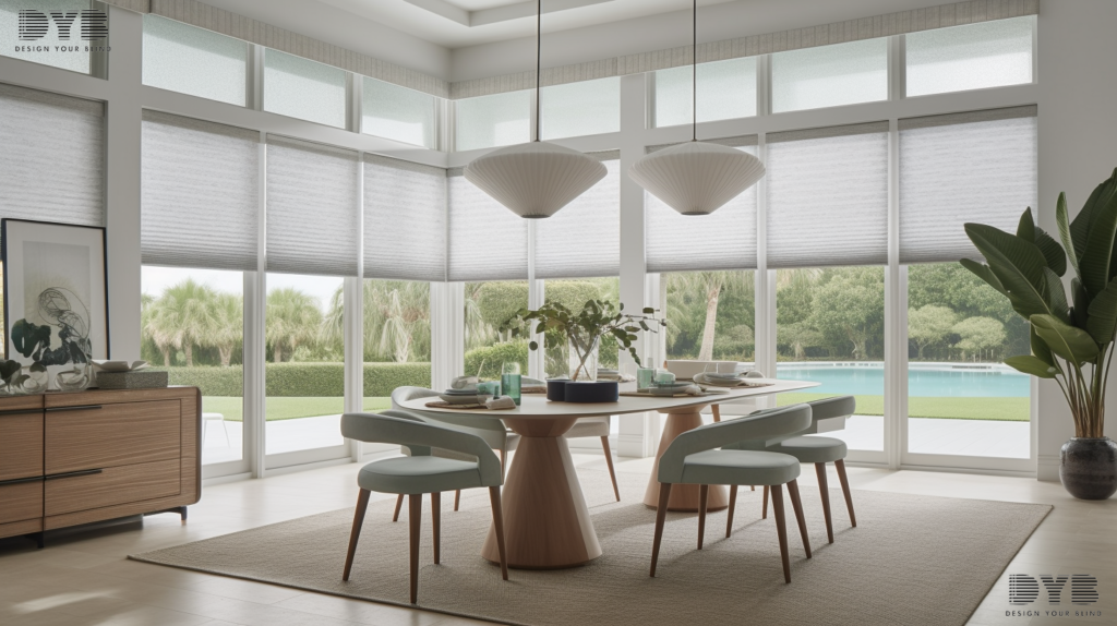 A dining room in Palm Beach Gardens, FL, with a contemporary interior design style featuring a sleek dining table, modern chairs, and Roman Shades with Texture fabric.