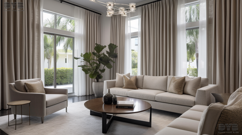 A West Palm Beach living room with blackout curtains and a canal view.