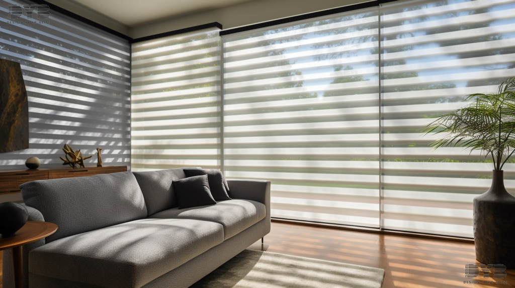 Zebra Shades, partially closed, showcasing a modern interior design with a view of a nearby canal.