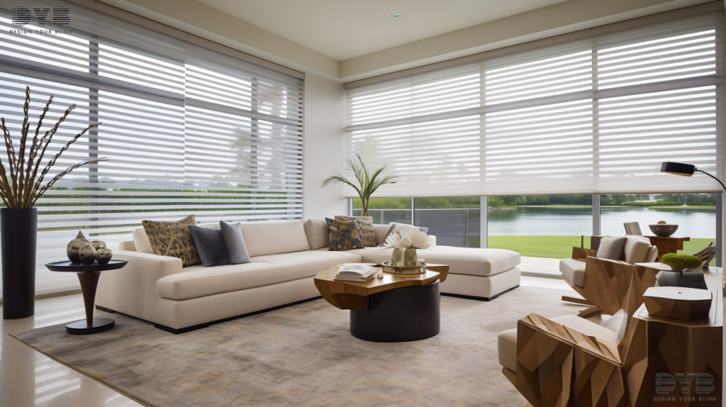Zebra Shades in an Urban Modern family room in Boynton Beach, Florida, with furniture from Baker Furniture, and a view of a canal.