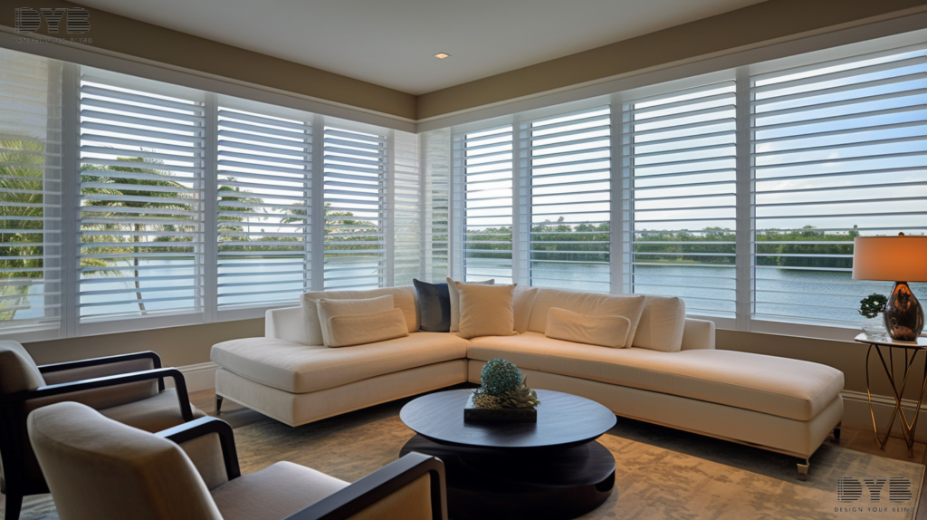 Zebra Shades in a contemporary family room in Boynton Beach, Florida, with furniture from Baker Furniture and a view of the Intercoastal Waterway.