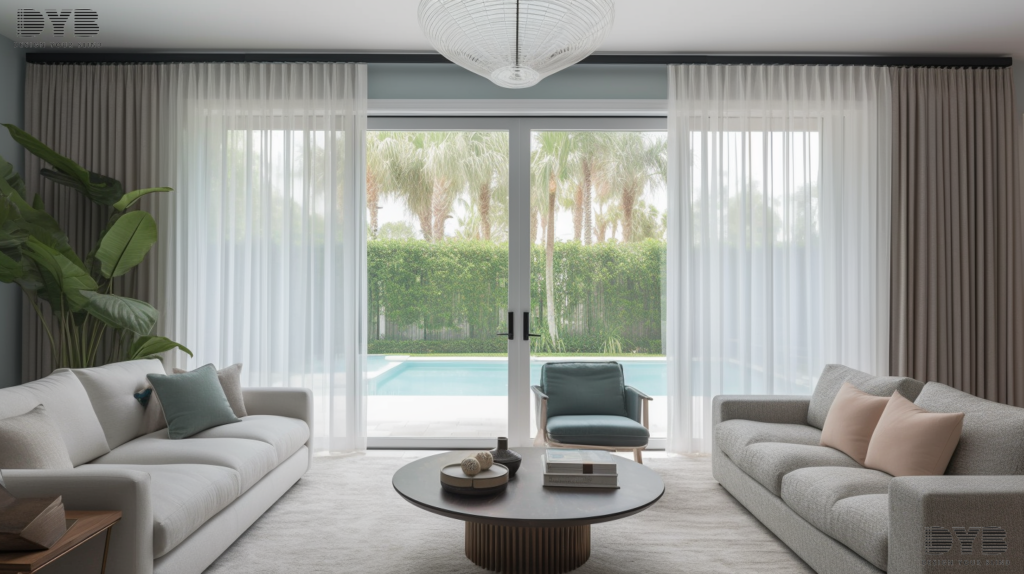 Sheer Curtains in a Delray Beach Formal Living Room with a lake view, adding a touch of elegance and serenity.
