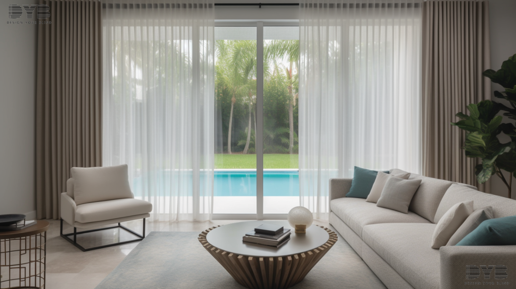 Sheer Curtains in a Delray Beach family room with a backyard pool view, adding a touch of elegance and privacy.