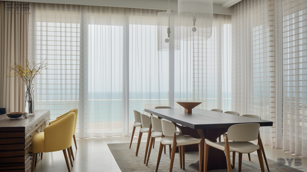 Sheer Curtains in a Delray Beach Casual Dining Room with Ocean Views, creating a stylish and functional space.