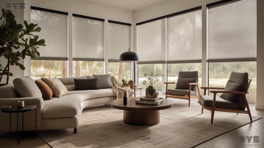 A Formal Living Room in Lighthouse Point, FL, with Screen Roller Shades, a plush sofa, a rustic coffee table, and a view of a backyard pool.