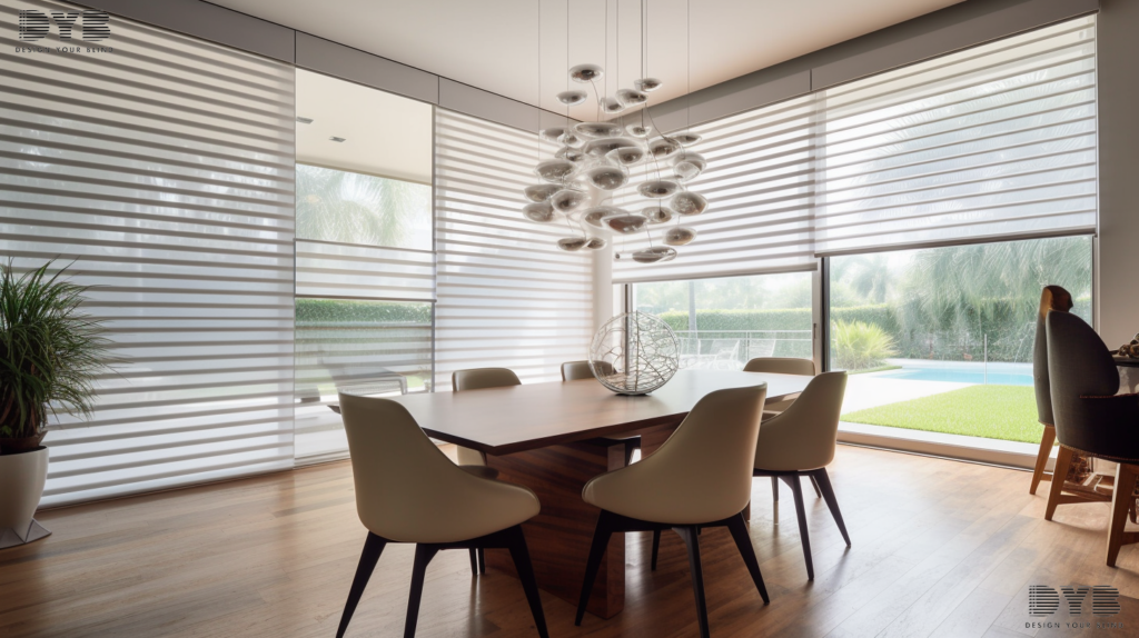 A dining room in Lighthouse Point, FL, with a glass dining table, upholstered chairs, and Screen Roller Shades.