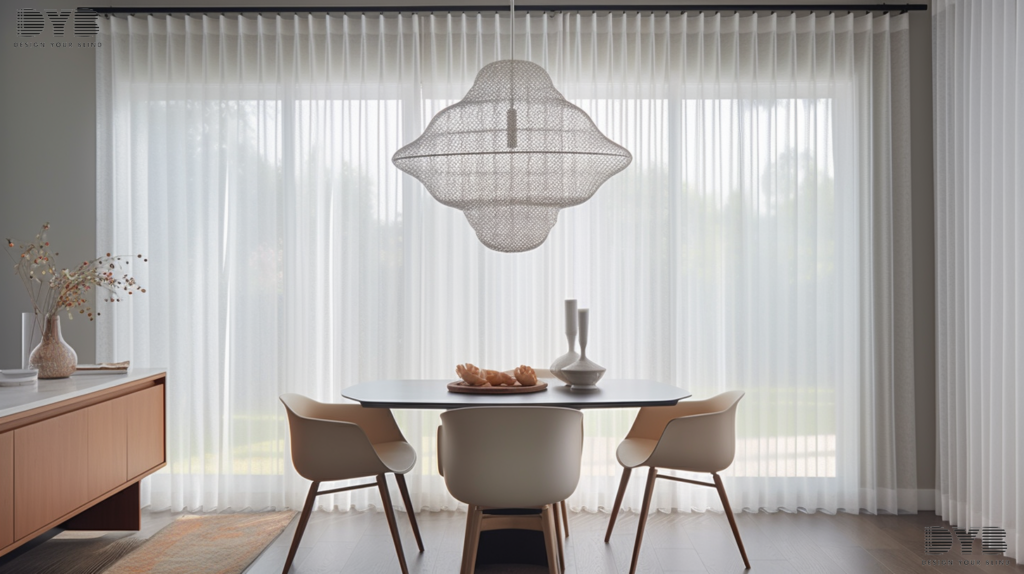 A close-up shot of sheer curtains in a Lighthouse Point dining room with a view of the garden.