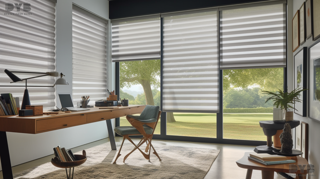 A home office in Lighthouse Point, FL, with Screen Roller Shades, a desk, a chair, and a bookshelf.