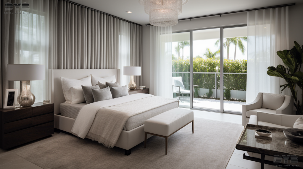 Over-the-shoulder shot of a Master Bedroom in Lighthouse Point featuring sheer curtains and a view of a backyard with a pool.