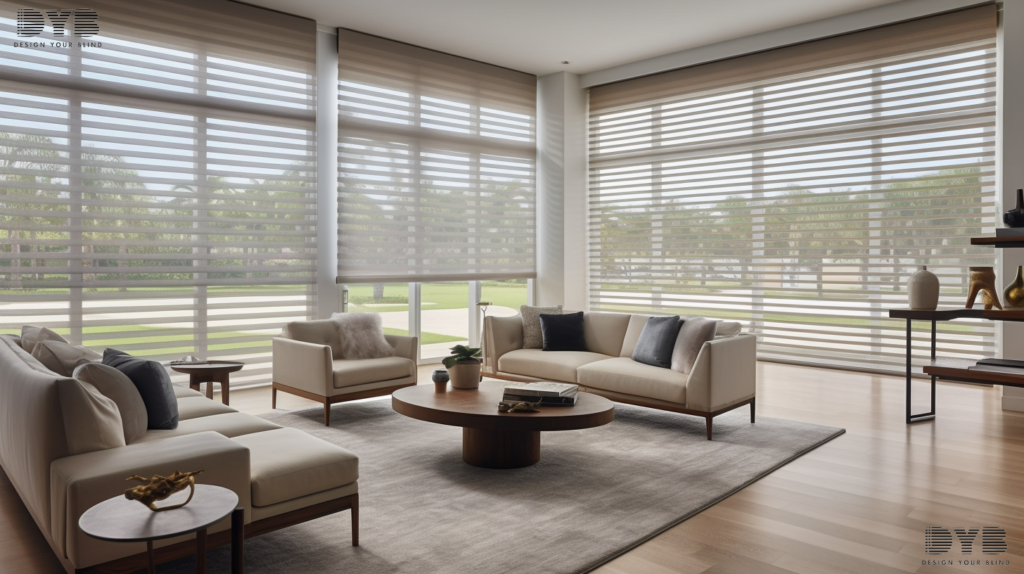 Zebra Shades in a modern living room in Boynton Beach, Florida, with furniture from Mitchell Gold + Bob Williams, and a symmetrical view of a golf course.
