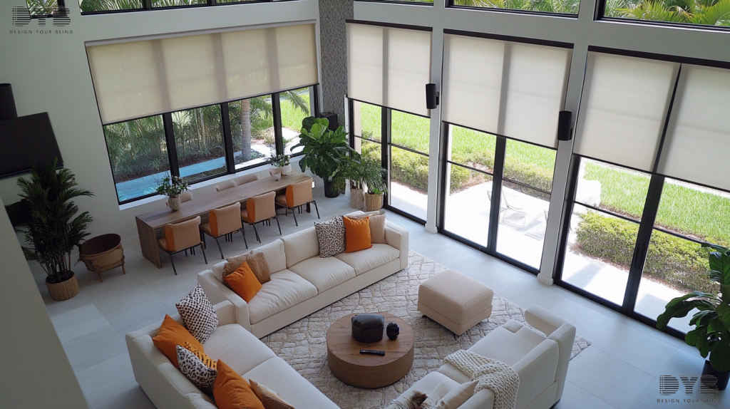 A family room with Roller Shades, showcasing an urban modern design with a view of the backyard.