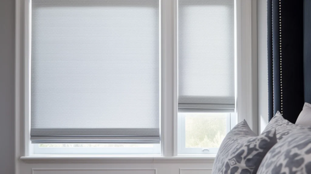 Close-up of a window with a Roller Shade in a guest bedroom, showcasing a transitional design with a view of the Intercoastal Waterway.
