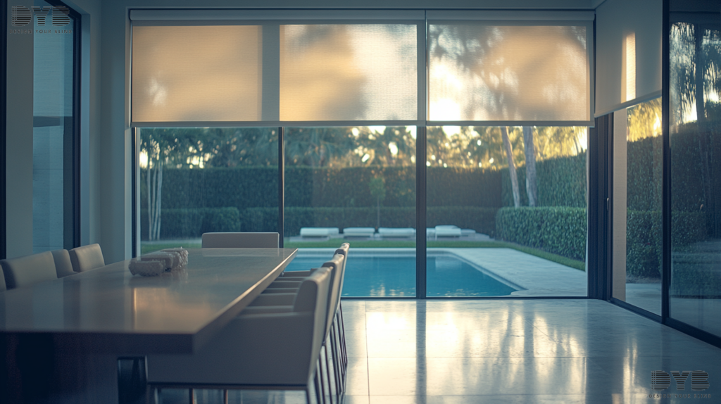 A dining room with Roller Shades, showcasing a minimalist design with a view of a backyard pool.