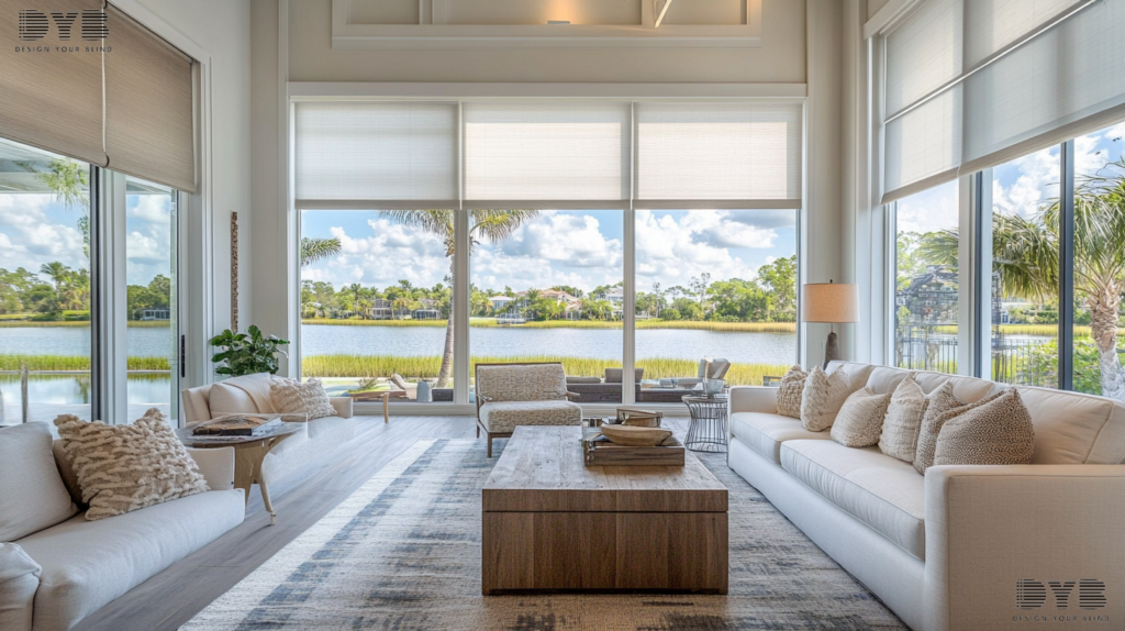 A living room with Roller Shades, showcasing a coastal design with a view of a lake.