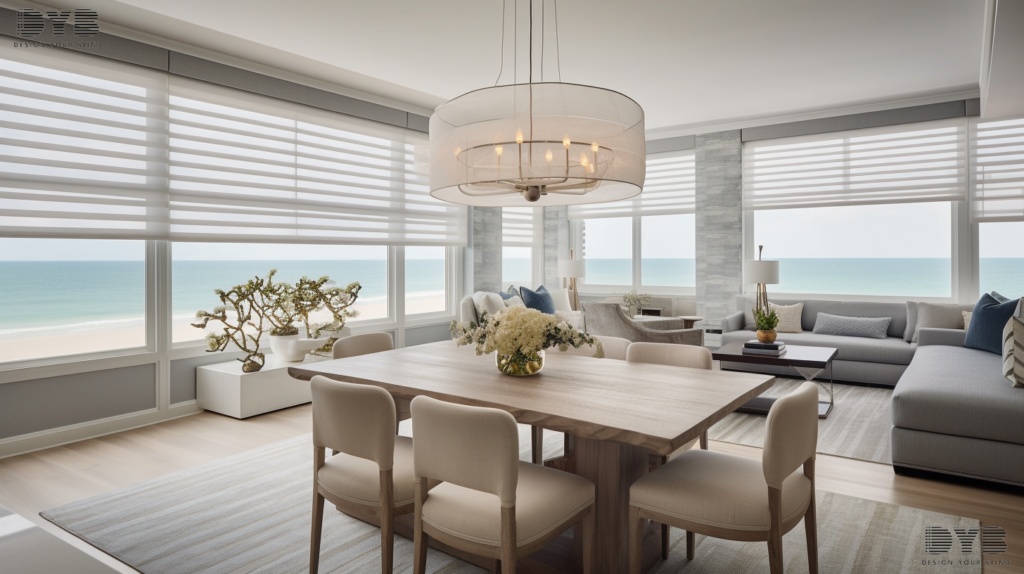 A casual dining room in Lighthouse Point, FL, featuring Screen Roller Shades, a comfortable dining set, and ocean views.
