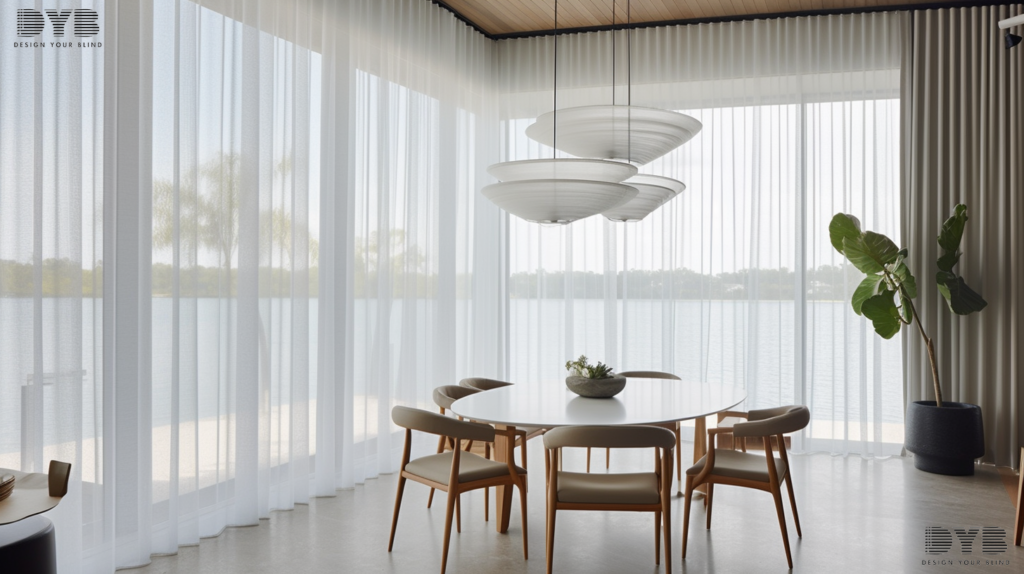 A close-up shot of sheer curtains in a Lighthouse Point dining room, showcasing a view of the lake.